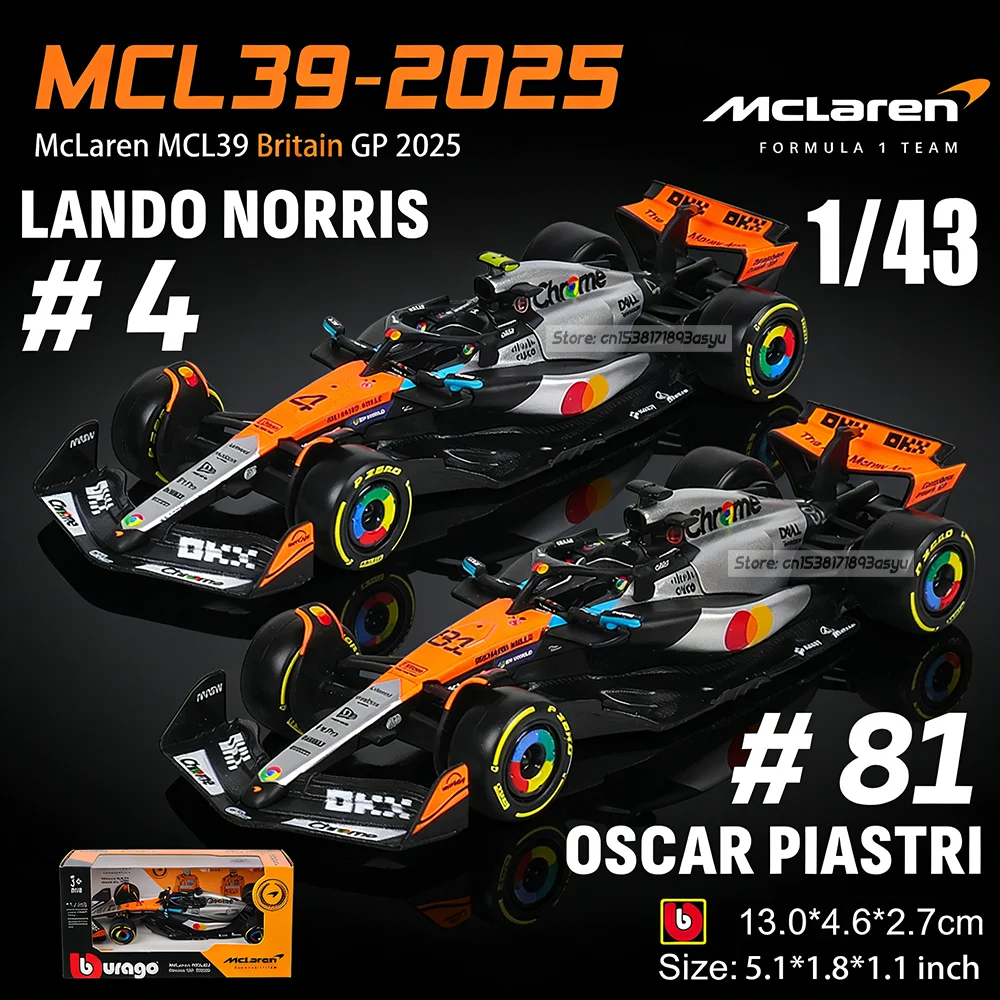 Bburago 1:43 2025 champion player F1 McLaren UK Station MCL39 #4 Lando Norris Alloy Car Die Cast Model Toy #81 Oscar Piastri