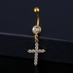Lucky Cross Pendants Navel Rings For Women Gold Color Summer Beach Bikini White Zircon Belly Button Nail Body Piercings Jewelry