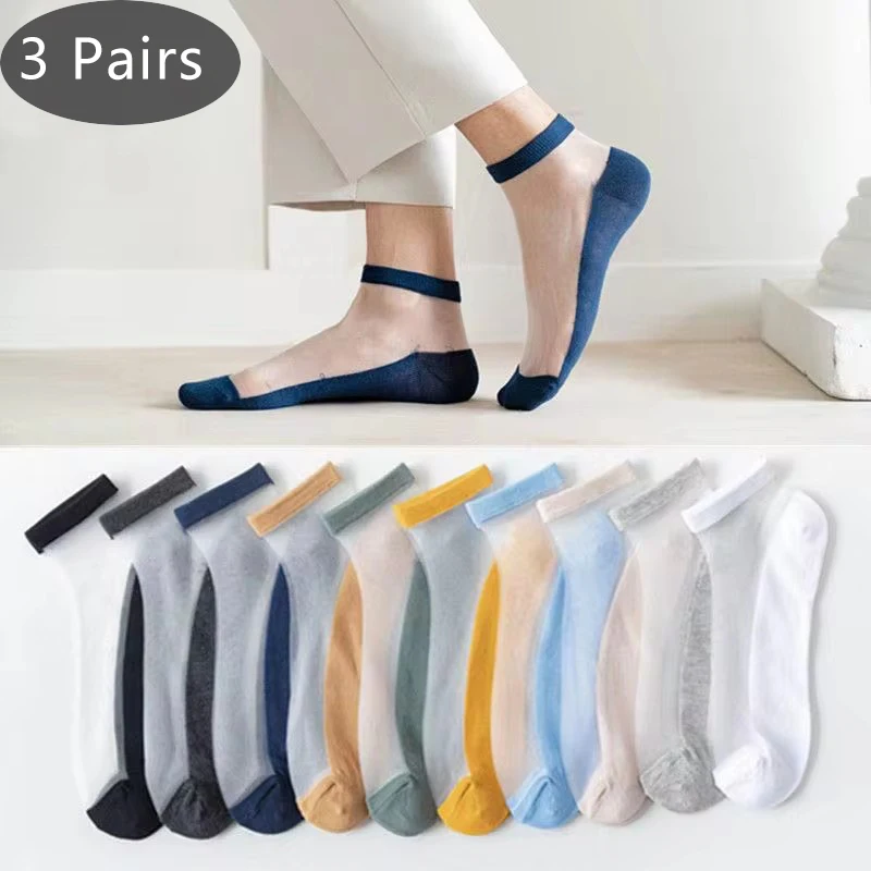 3 Pairs Summer No Show Silk Socks Mens Cotton Nylon Thin Transparent Breathable Deodorant Invisible Ankle Socks Street Fashion