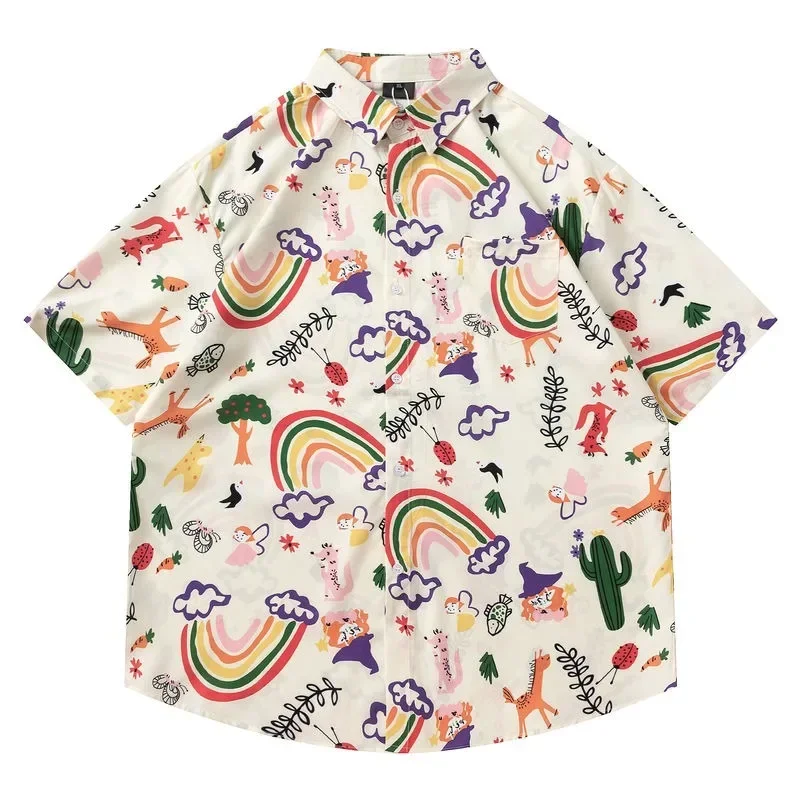 Harajuku Unisex 2XL Summer Shirts Cute Ladybugs Cartoon Y2K Tops Summer Turndown Collar Short Sleeve Blouse Loose Oversized Tops