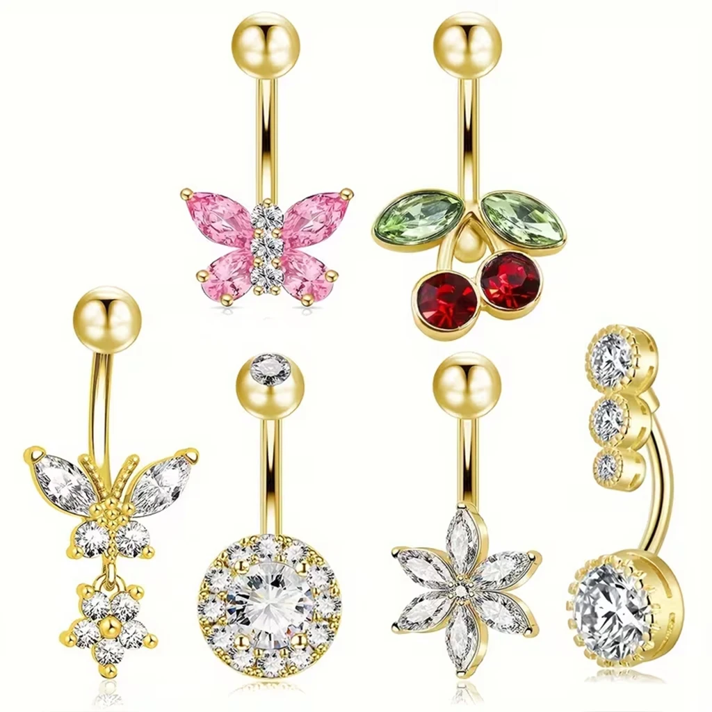 Gold Plated Belly Button Ring for Women Dangle CZ Butterfly Cherry Floral Navel Piercing Jewelry Choose Your Style