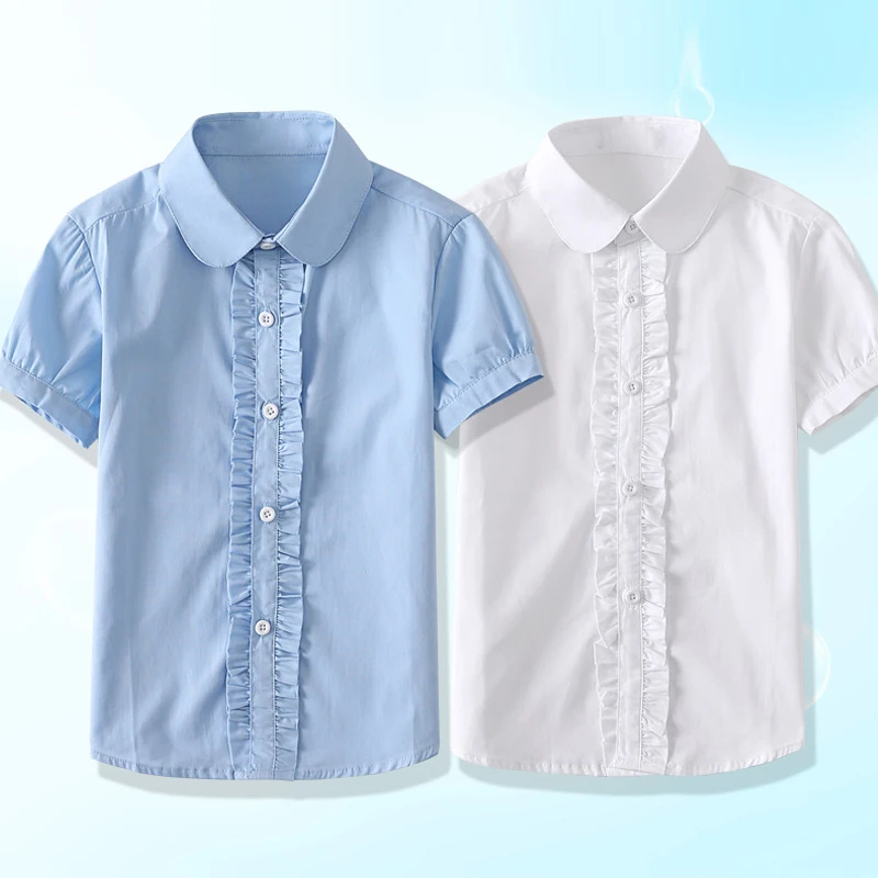 Summer Kids Blue Shirts for Girls School Uniform White Blouses Short Sleeve Preppy Cotton Children Clothing Vestidos 6 8 10 14 Y