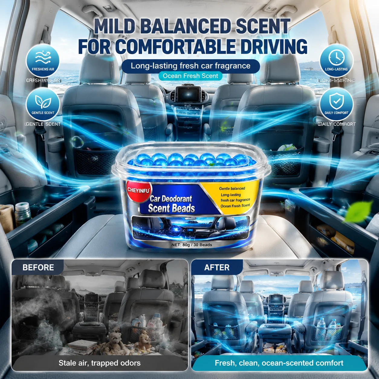 CHEYINFU 80g Car Deodorant Gel Beads Mild Balanced Ocean Fresh Fragrance Air Freshener