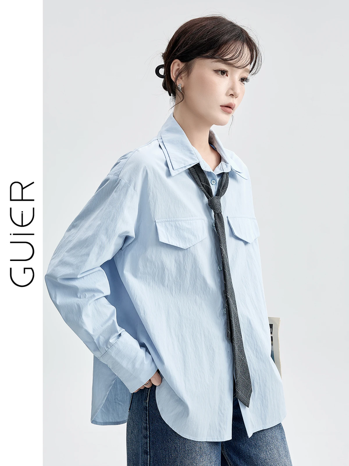 

Blue Long Sleeve Loose Casual Shirt Women's Double Layer Collar Design Sensation New Autumn Style Comfortable Fashionable Blouse