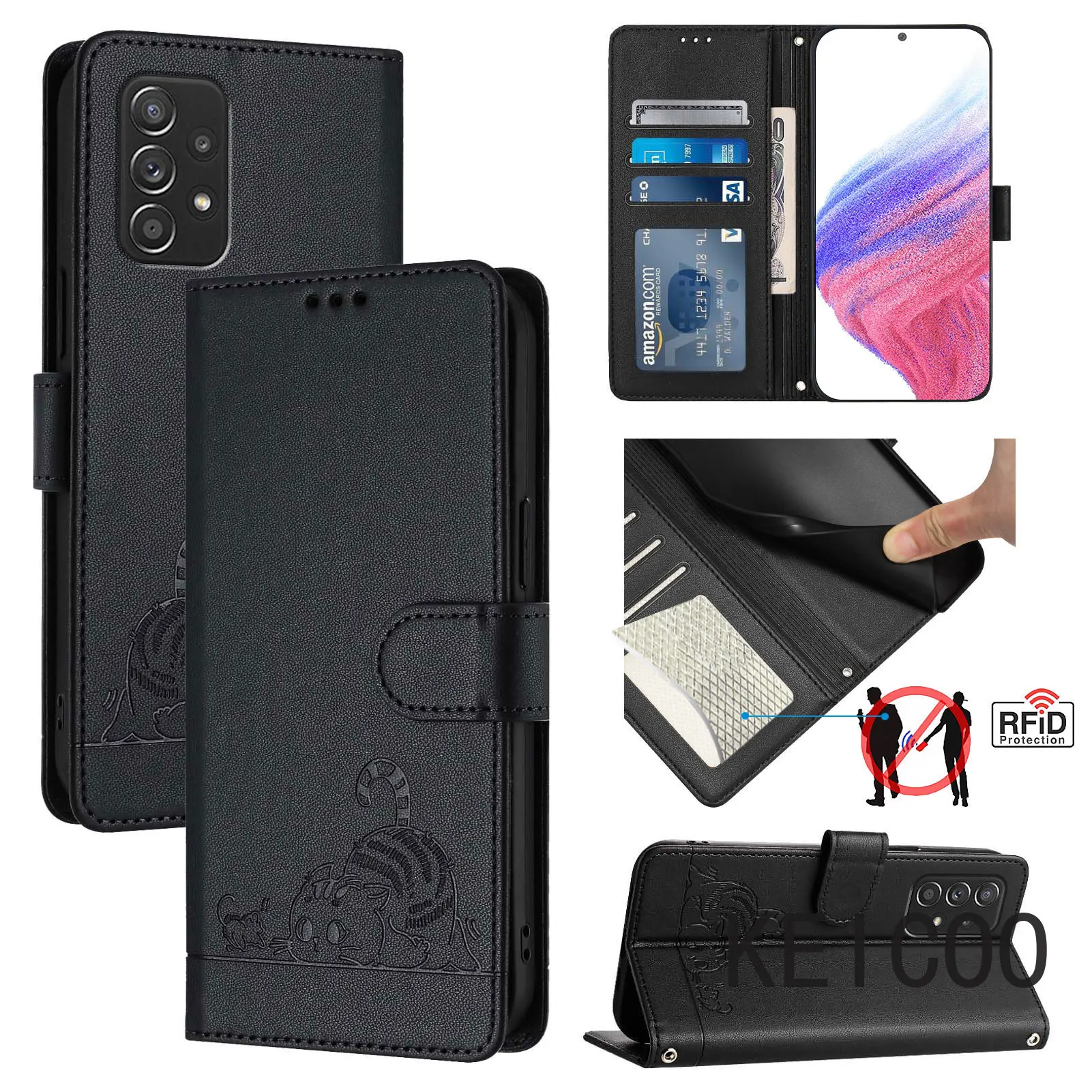 Card Slots Flip cover for Samsung Galaxy A52 A52S A55 A70 A71 4G 5G Sweatproof Leather Shell Shockproof Printed Kitten case