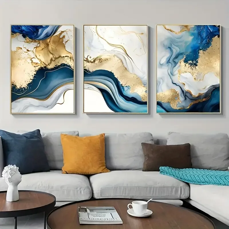 3pcs/set Modern Abstract Canvas Print Posters, Golden Blue Marble Canvas Paintings, Wall Art, Wall Decor, Artwork Wall Painting