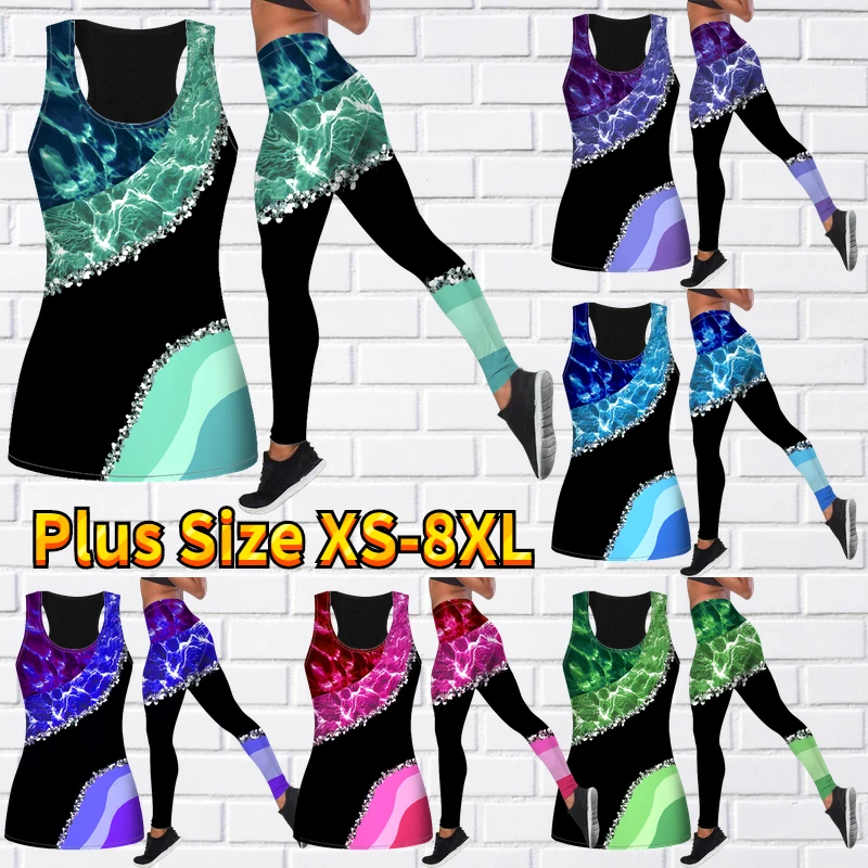 Women\'s Fashion 3D Marble Print Tank Top and Leggings Summer Sleeveless Slim Tank Yoga Set XS-8XL