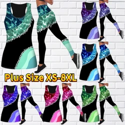 Women's Fashion 3D Marble Print Tank Top and Leggings Summer Sleeveless Slim Tank Yoga Set XS-8XL