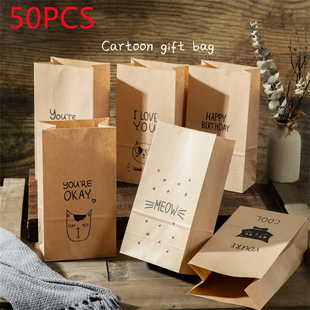 50 Pcs Cat Shape Cute Wedding Coffee Shop Bread Bag Kraft Paper Gift Bags Candy Cookie Packaging Bag Boxes Party Natal Favors