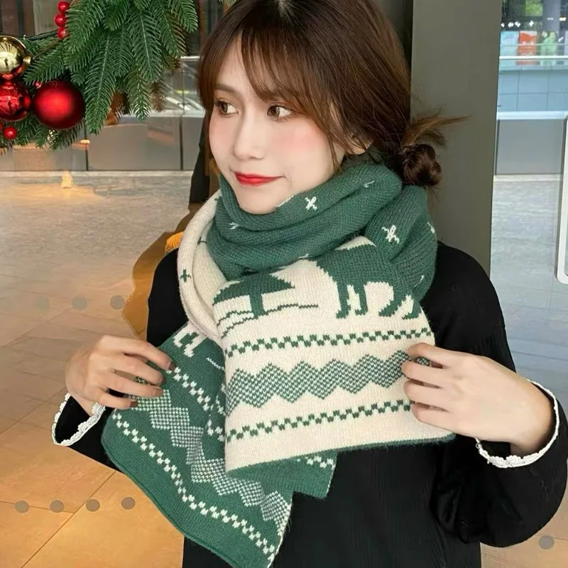 Christmas Large Warm Neck Scarf Winter Cold Proof Moose Neckerchief Festival Party Deer Pattern Knitted Neck Warmer Couple Gift