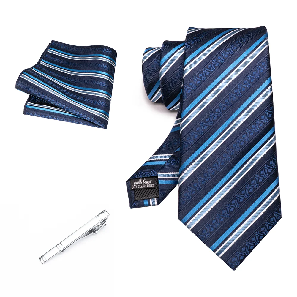 Herren Marineblau Krawatte Rot-Grün Gestreiftes Krawattenset Glänzender Clip Hochwertiges Einstecktuch für Business-Anzüge Anlässe Hochzeit Party – Detail 16