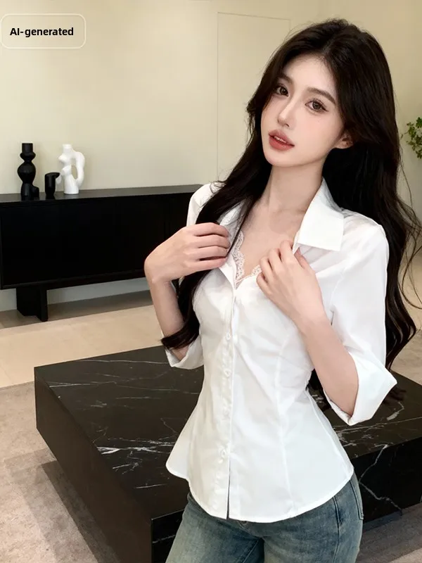 

Ele White Lace Splice Long Sve irt Women's Autumn Winter Slimming Waist Design Simple Sle Faion Top Ci Walk