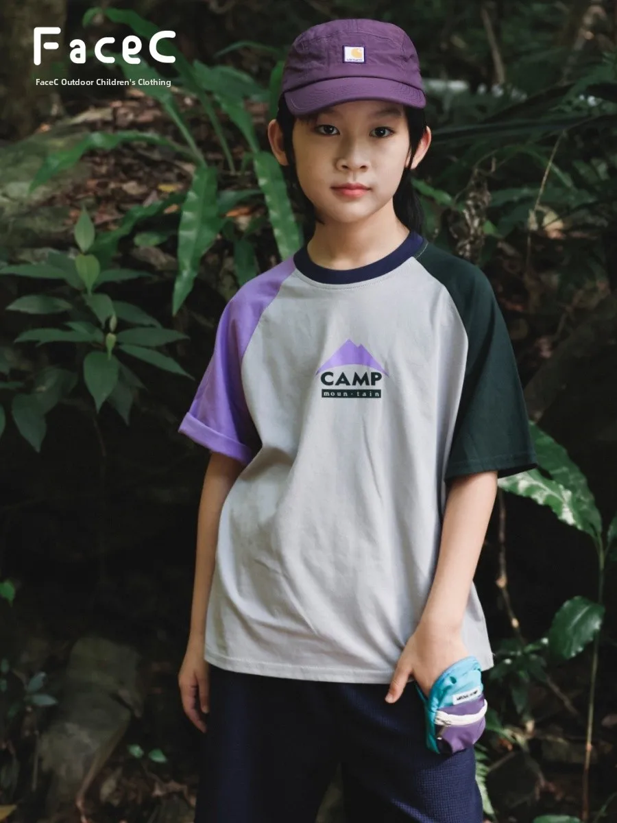 FaceC Color Block Shoulder T-Shirt for Boys Summer New Cotton Loose Fit round Neck Short Sleeve Kids Clothing Outdoor Style