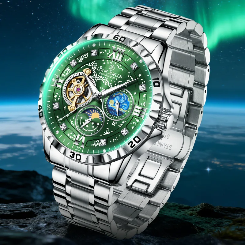 Automatic Mechanical Men's Watch Business Waterproof Luminous Sun Moon Stars Calendar Date Display Stainless Steel Strap