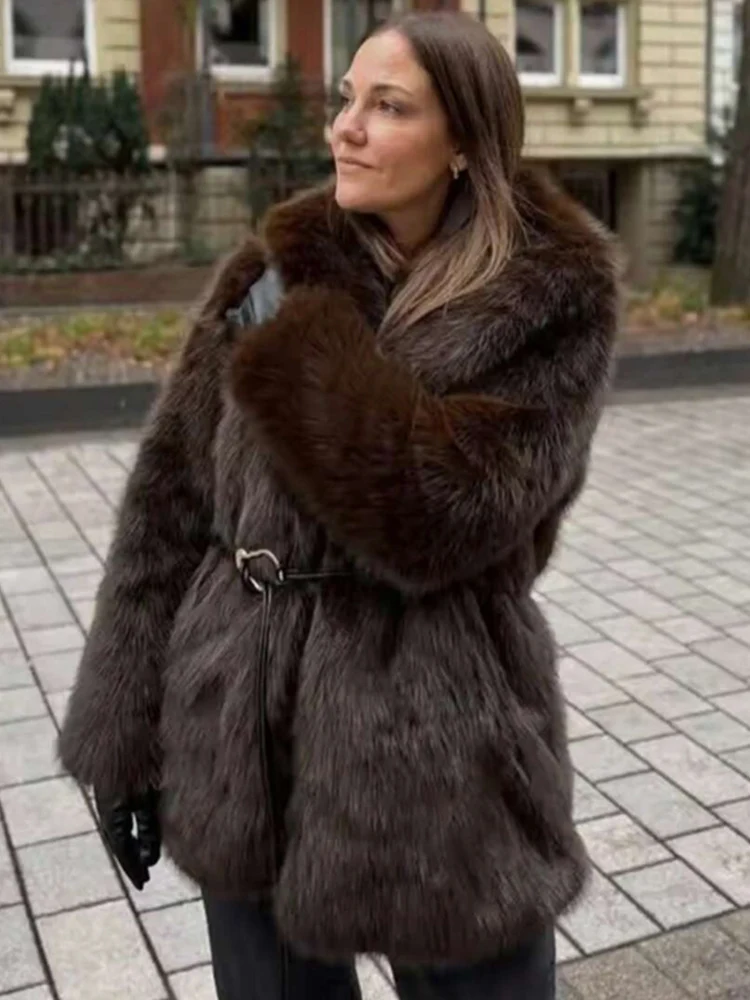 

Женское пальто из искусственного меха с лацканами и поясом, зимняя мода, элегантные утепленные куртки с длинными рукавами, повседневная женская уличная верхняя одежда