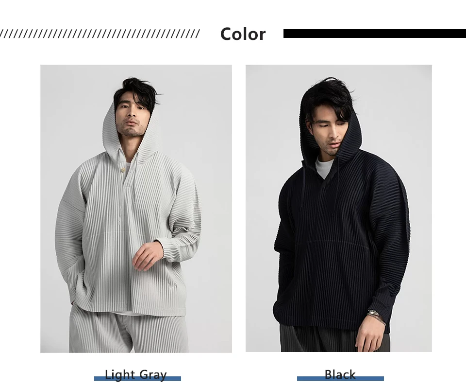 Miyake Pleated Hoodies For Men Breathable Loose Drawstring Casual Top