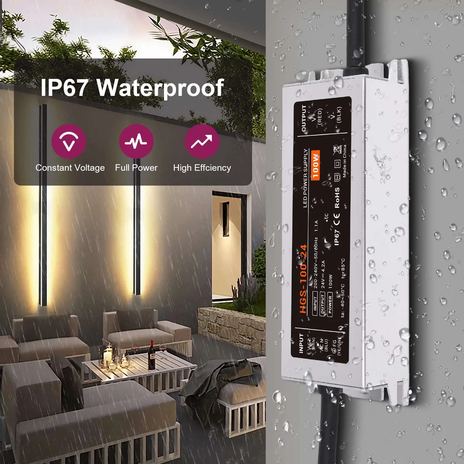 IP67 Waterproof LED Driver AC 200V-240V to DC 24V Outdoor LED Lighting Transformer 50W 100W 200W 300W 400W Power Supply
