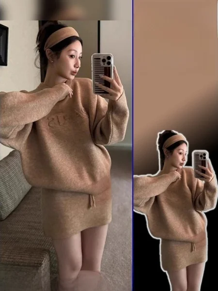 

plus Size Lazy Sle Casual Loose Overhead Knitted Sweater Spring Faionable Versatile High Waist Skirt Set for Women