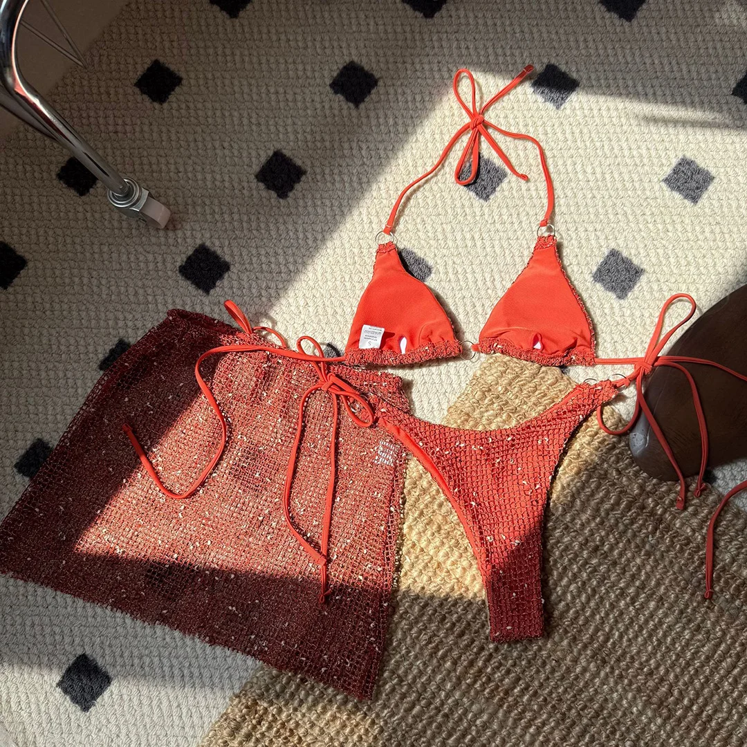 9 Farben Sexy Neckholder-Bikini Damen-Badebekleidung Dreiteiliges Bikini-Set mit Rock Badeanzug Badebekleidung V6451C – Detail 27