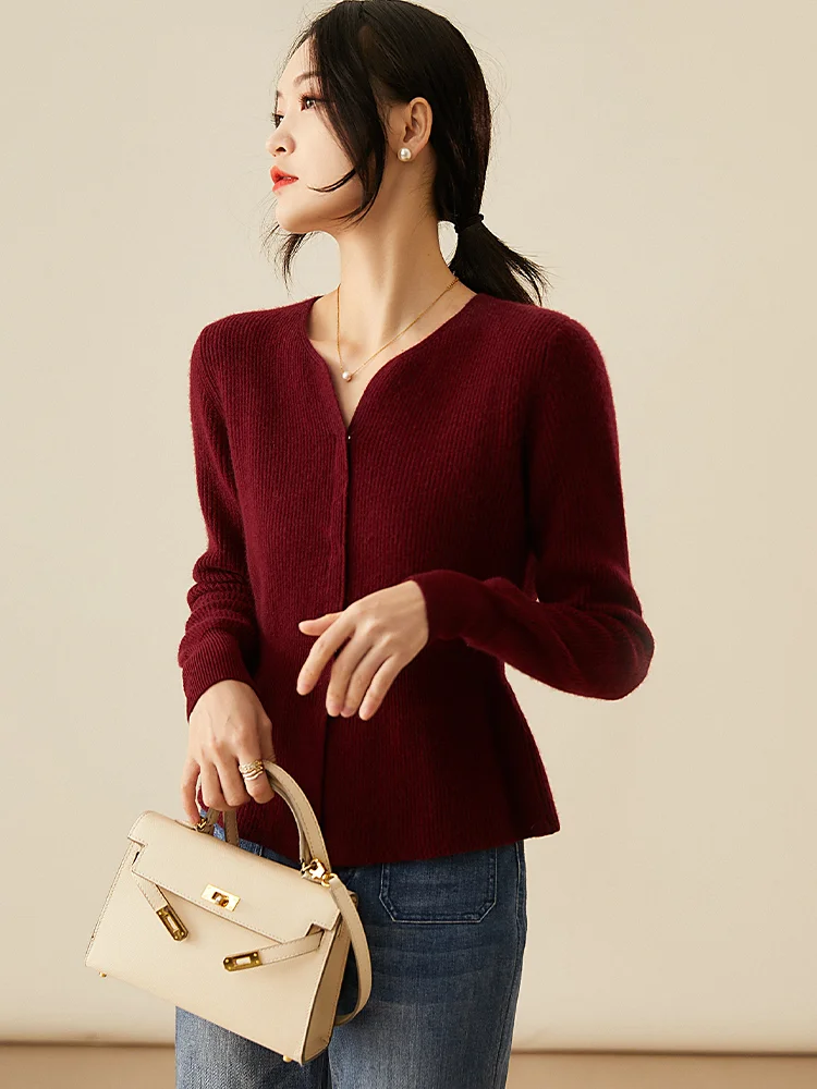 Birdtree-Woman 2024 Elegant Cardigan, 90% Wool 10% Cashemere, V-Neck, Fashion OL Sweater, Autumn Winter Knitted Coat C49016QM