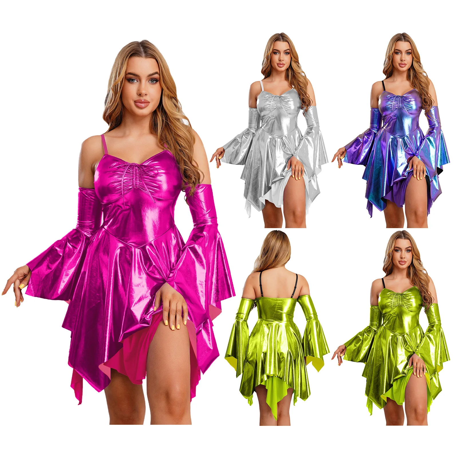 فساتين نسائية عصرية لامعة بكتف بارد برباط على الصدر فستان توتو مكشكش للحفلات والنوادي الليلية ملابس الرقص #5