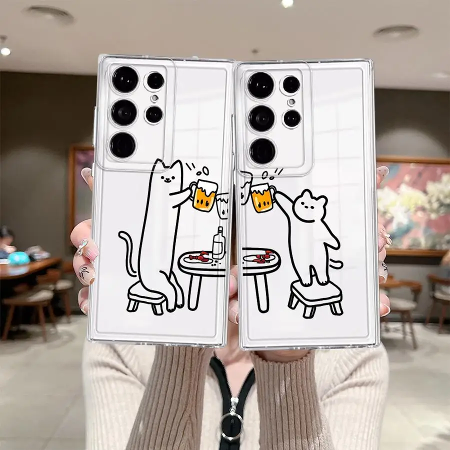 Funny Cat Clear Couple Paired Case for Samsung Galaxy S26 S25 Edge S23 Ultra S21 S20 Plus S24 S22 FE Note 20 Ultra 10 Phone