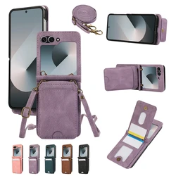 Leather Wallet Card Holder Case for Samsung Galaxy Z Flip 7 6 5 4 3 ZFlip Flip6 Flip5 Flip7 with Crossbody Lanyard Bag Cover