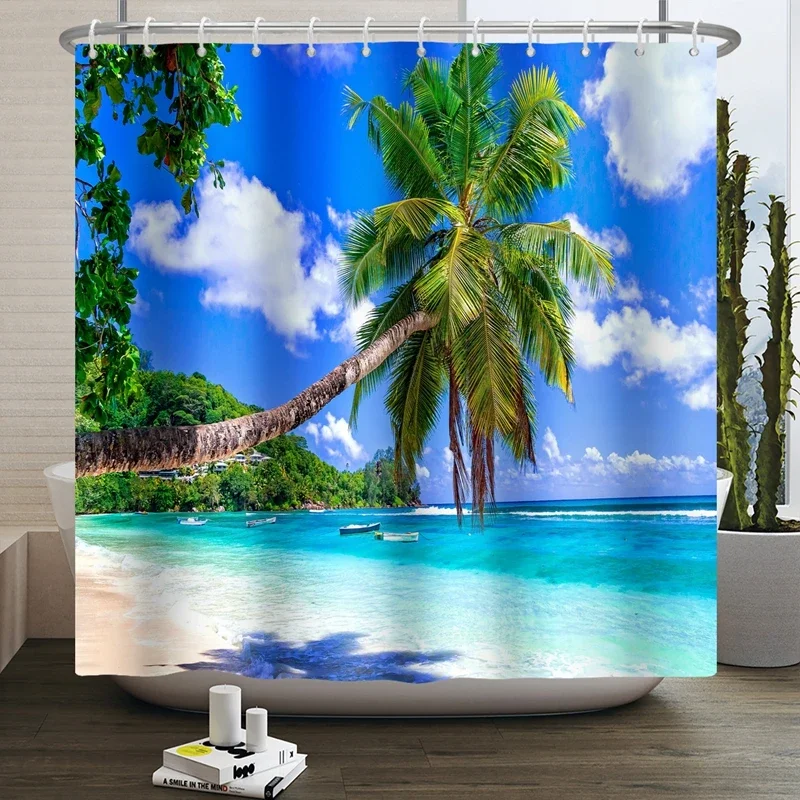 Summer Seaside Shower Curtains Ocean Beach View Coconut Trees Bath Curtain Polyester Fabric Bathroom Restroom Decor with Hooks