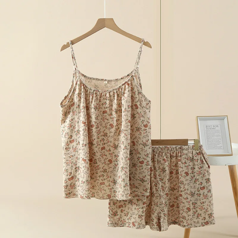 

Printed Multi-colored Women's Summer Camisole Short-sleeved Shorts Set Home Wear Pajamas Collarless Camisole Style Sleeveless