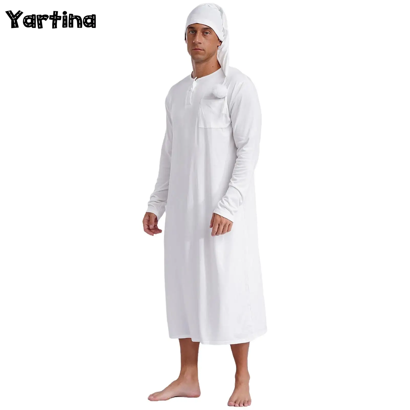 Mens Round Neck Loose Sleep Wear Sissy Nightwear Long Sleeve Long Robe Pointed Hat with Pom-pom Solid Color Sleep Robe with Hat