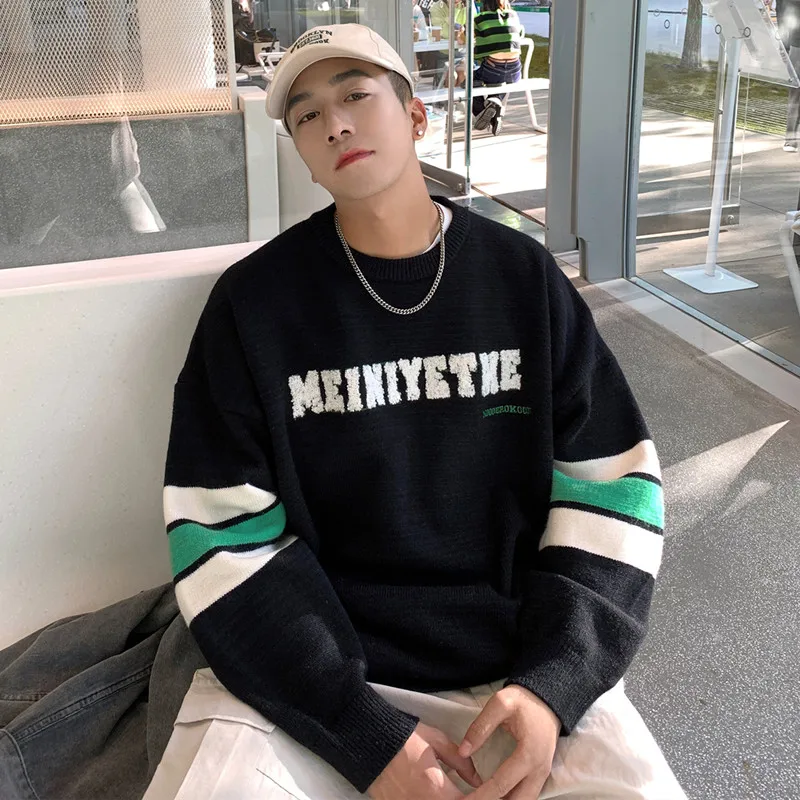 

American Sle Spliced Knitted Sweater for Men round Ne Warmth Teenagers Spring Autumn Faionable Long Sve T-irt