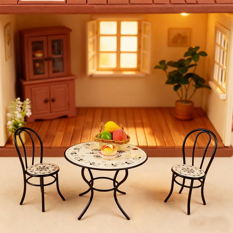 3-Piece Vintage Cast Iron Table and Chair Set Mini Coffee Table Decor DIY Miniature Scene Decor Toy House Playhouse Accessories