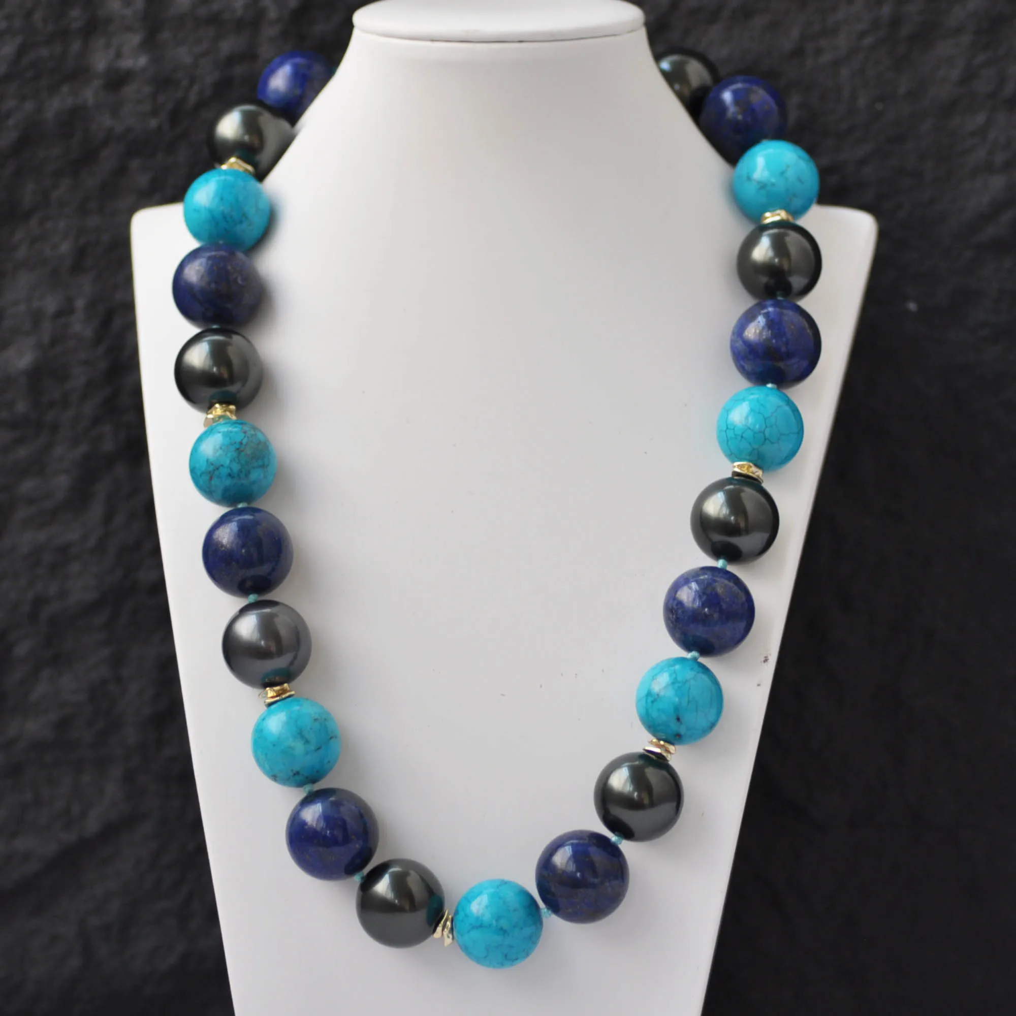 Z14649 Huge 23'' 20mm Round Blue Turquoise Lapis Lazuli Black Shell Pearl Necklace