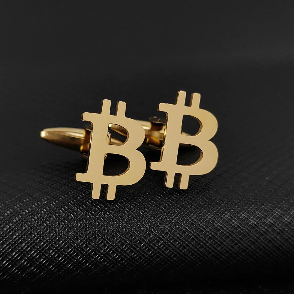 Cheap electroplated stainless steel Bitcoin symbol shirt cufflinks, Thanksgiving and Christmas gifts, wholesale
