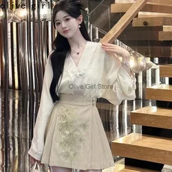 Summer Chinese Traditional Hanfu Dress Embroidery Flower Set Horse Face Pleated Skirt Two Piece Set Women's Short Skirt Set