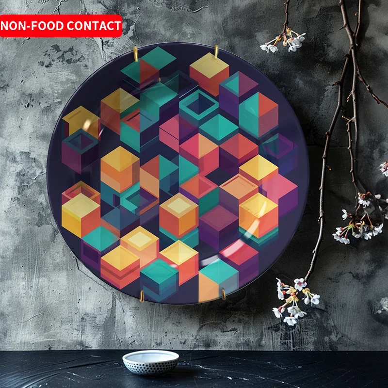 1pc Modern Geometric Ceramic Decorative Plate - Non-Food Contact Round Tabletop Art with Vibrant Colorful Design for Home,