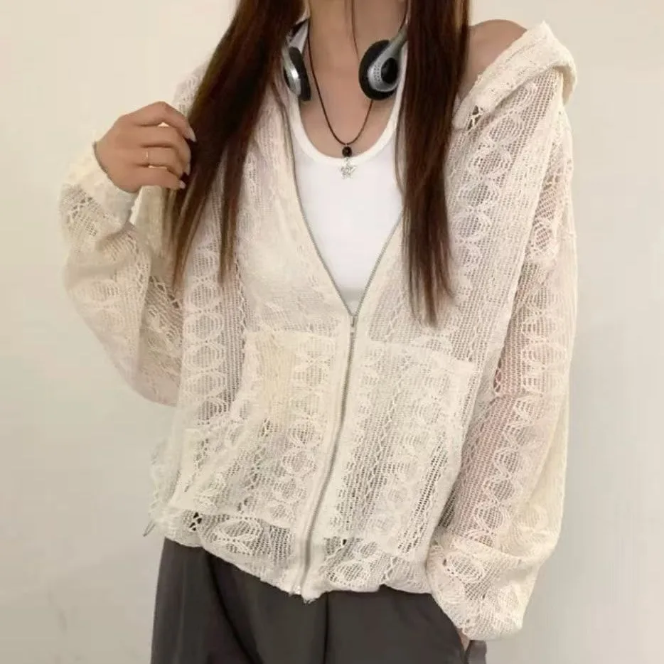 

Весенняя коллекция 2026: Женская модная вязаная куртка-худи на молнии с вырезами, свободного кроя, с длинными рукавами