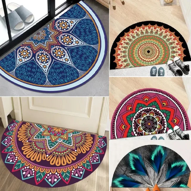 VIKAMA Halbrunde Boho-Mandala-Fußmatte, rutschfest, waschbar, Eingangsteppich für Haustür, Badezimmer, Schlafzimmer, Heimdekoration