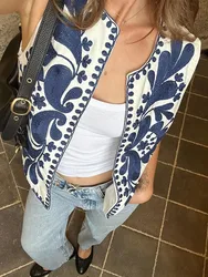 HH Woman Cropped Flower Embroidery Vest Vintage V Neck Sleeveless Cardigan Waistcoat Shirt Chic Tops Summer Women's Clothing