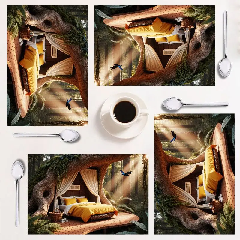 

Набор подставок из 4 предметов, дизайн мечтательного леса, легко чистится, прямоугольник, 12x18 дюймов, идеально подходит для домашнего декора и праздников.