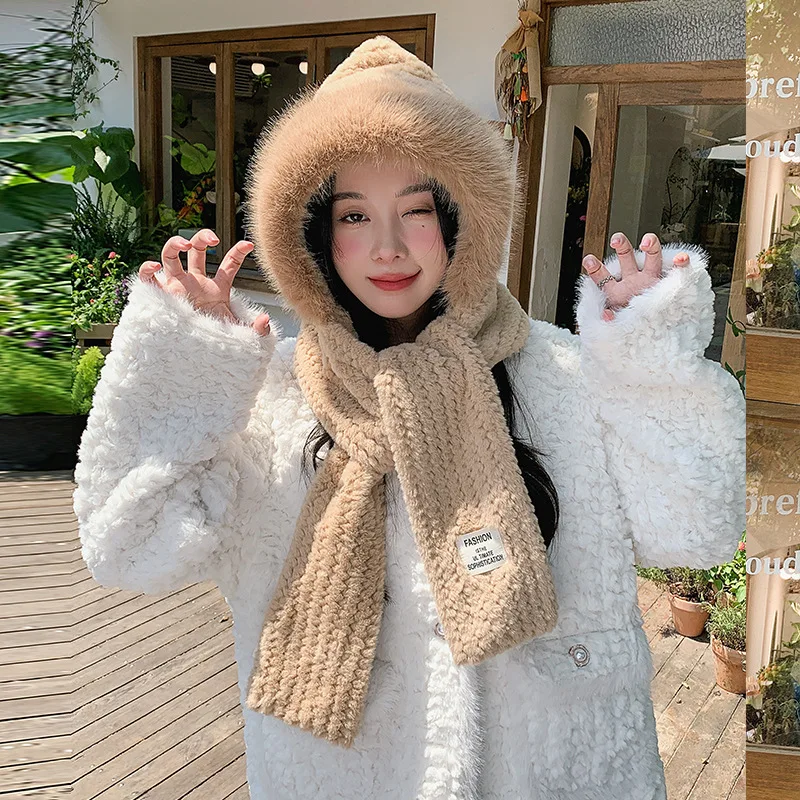 Hat Scarf Women\'s Cap Autumn Winter Knitted Thickened Warm Winter Cycling Fox Hair Ear Protection Hooded