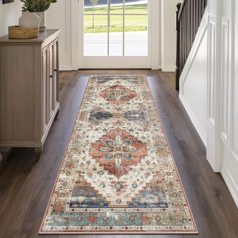 VIKAMA Distressed Vintage Floral Long Runner Rug Persian Oriental Non Slip Washable Carpet For Hallway Bedroom Entryway Decor