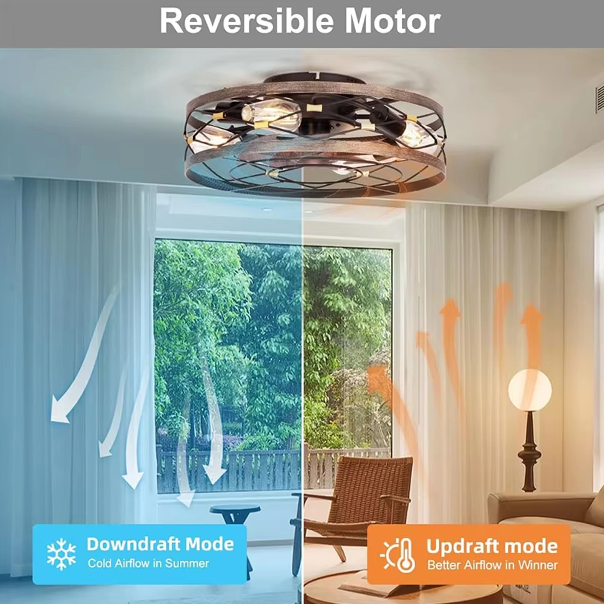 Caged Ceiling Fan Light with Remote Control Reversible Enclosed Ceiling Fan Lamp Bedroom Living Room Kitchen Decor Lighting