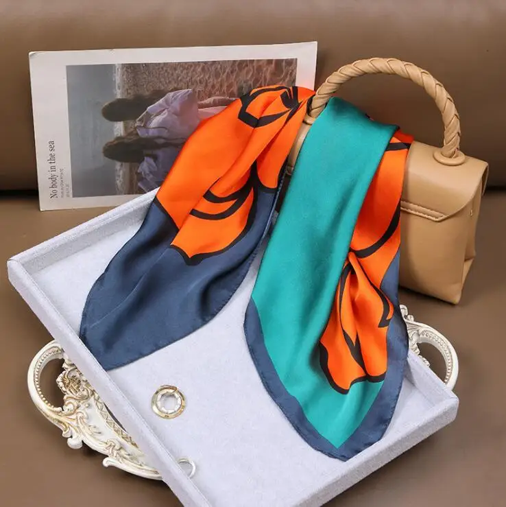 Women Fashion Flower 70x70cm Simulated Silk Scarves Square Versatile Neck Protection Thin Scarf