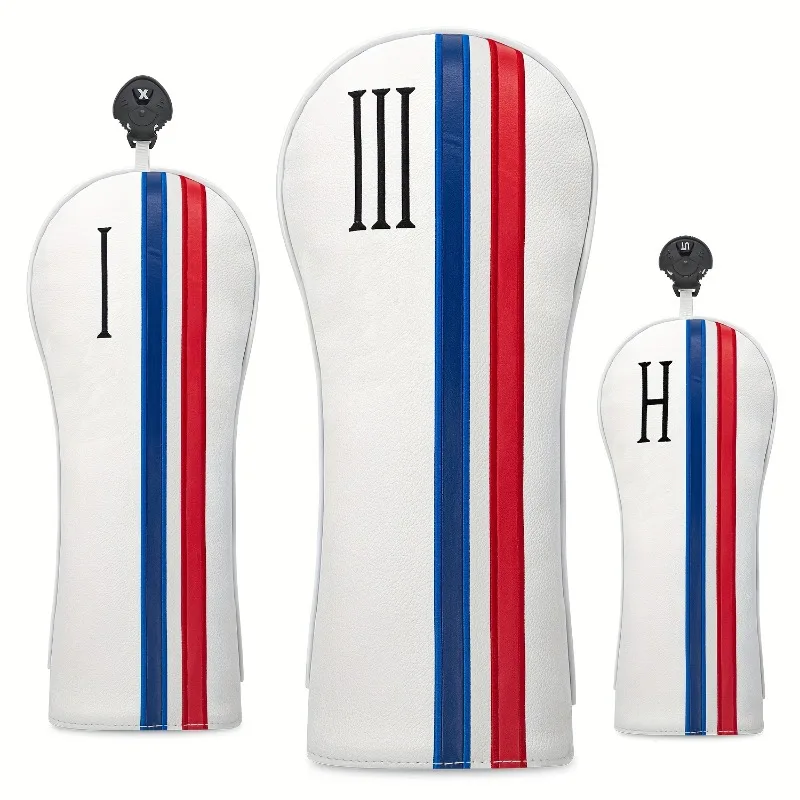 

Golf protective cover, white with red and blue stripe design, golf accessories, dustproof and durable material, hood cover