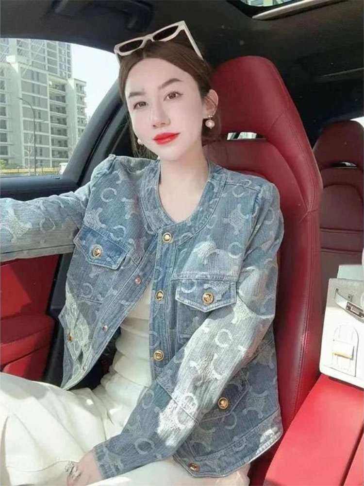 Chic Blue Denim Women Spring Autumn Elegant Short Coat Lady Style Casual Outerwear Fashion Trendy Top