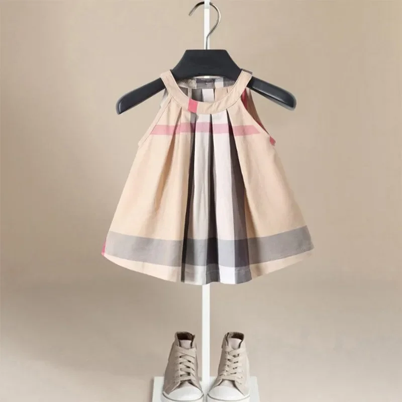 100% cotone abbigliamento estivo per bambini 2023 nuove ragazze vestono 3-5 anni ragazza Plaid abiti da principessa gonna Kawaii della neonata