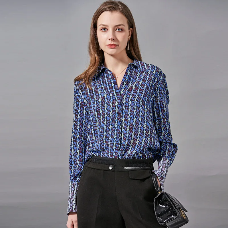 

Birdsky, 1PC Women button shirt top blouse office lady long sleeve 100% real mulberry silk Geometric stripe blue, S-805