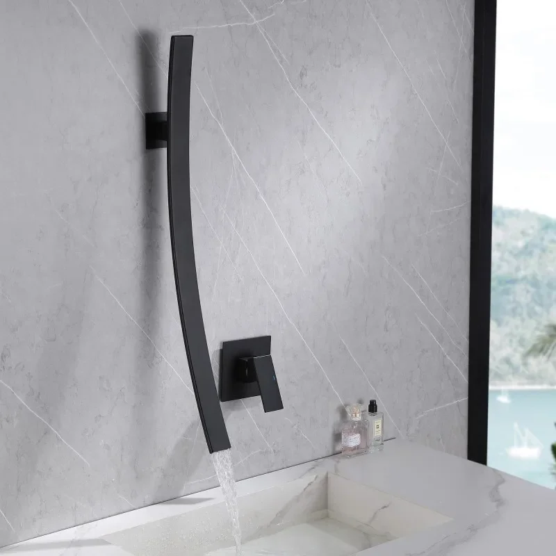 

Hotel wash basin faucet matte black faucet tap waterfall brass single handle wall mounted bathroom sink faucet