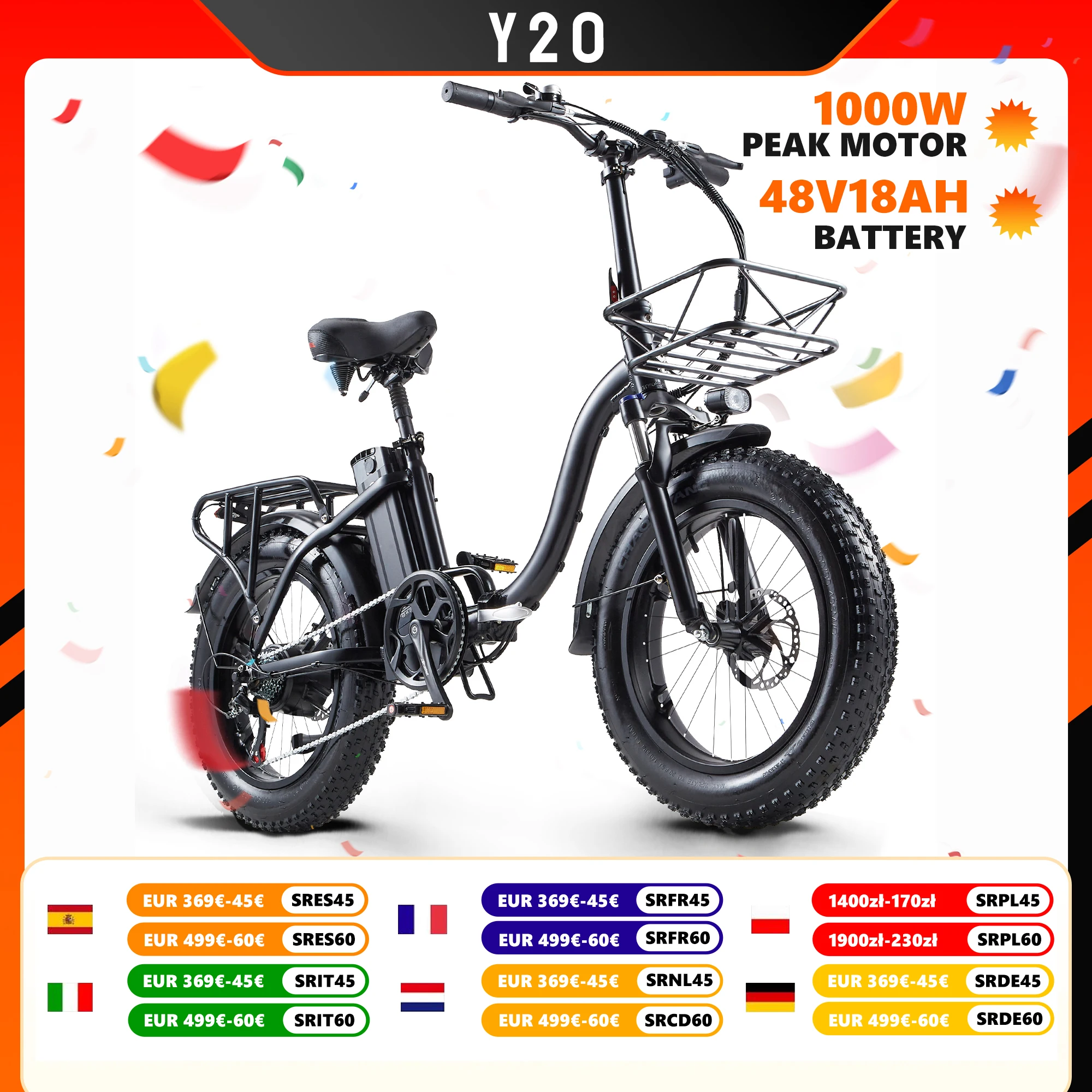 Vélo électrique pliable CMACEWHEEL Y20, pneus larges 20 pouces * 4.0, 48V 18AH PEAK 750W, vélo électrique de montagne, vélo électrique urbain pour adultes